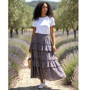 Current Air Plaid Tiered Midi Skirt - Ruffled, Flowy, Textured